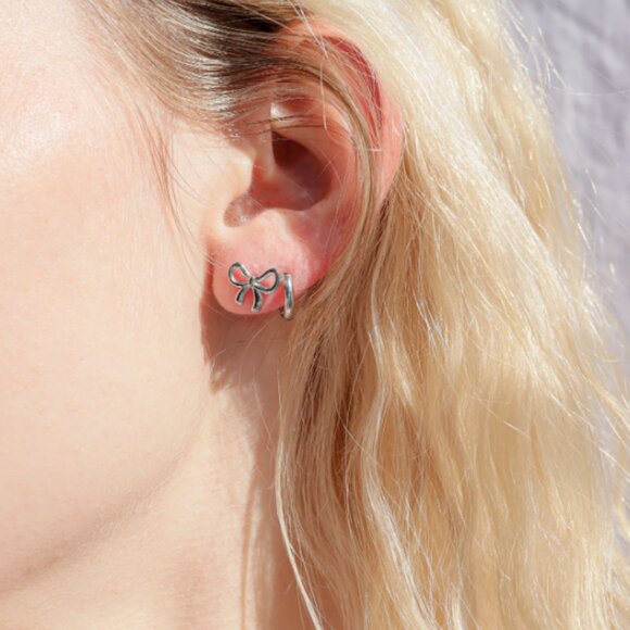 Silver Trendy Dainty Bow Stud Earrings - Waterproof, Nickel-free, Tarnish-free - Picture 2 of 3